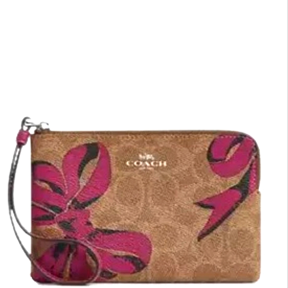 Coach Corner Zip Wristlet Signature Canvas with Bow Print - Pink *FAST SHIPPING*